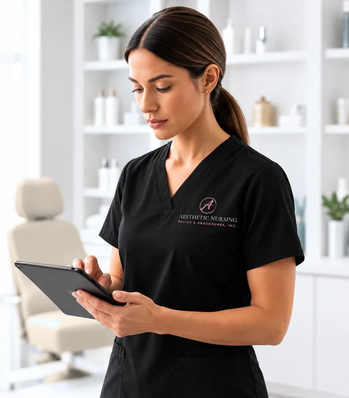 Aesthetic nurse in a branded black scrub top reviewing course material on a tablet in a modern clinic